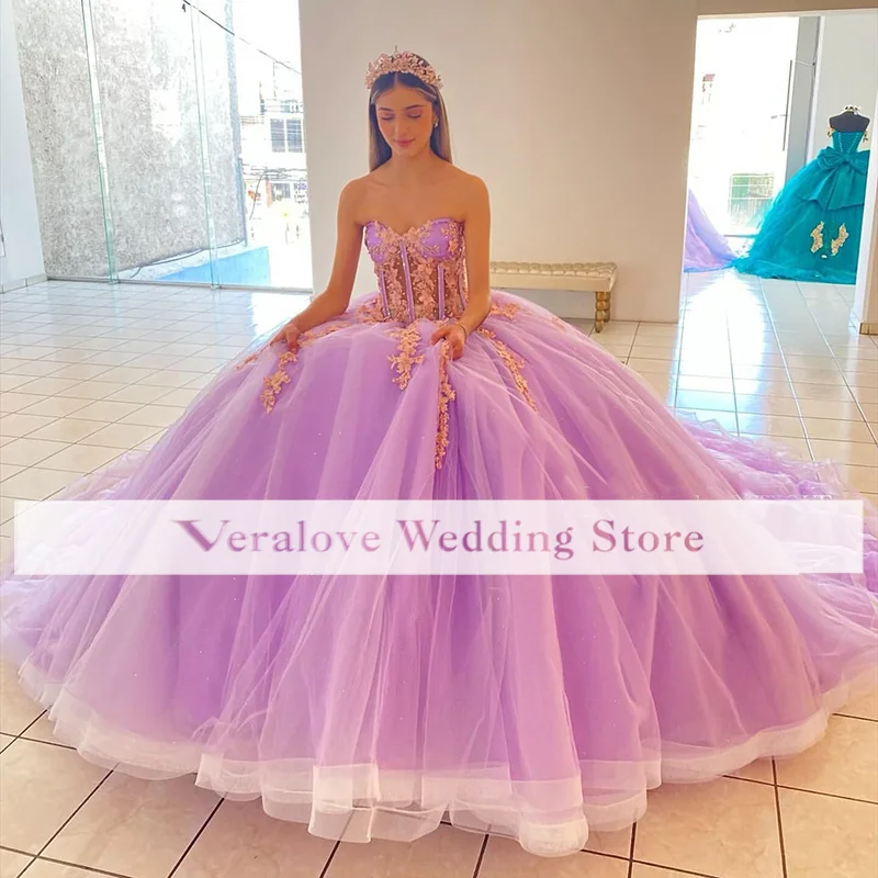 Lilás menina vestido de baile 2022 alças removíveis vestido de baile quinceanera ilusão flores artesanais robes de soirée