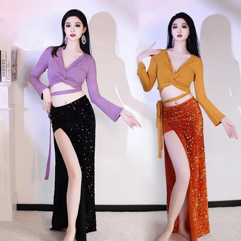 

Одежда для танца живота, топ с v-образным вырезом и длинными рукавами + длинная юбка с пайетками, 2 предмета, профессиональные костюмы для танца живота