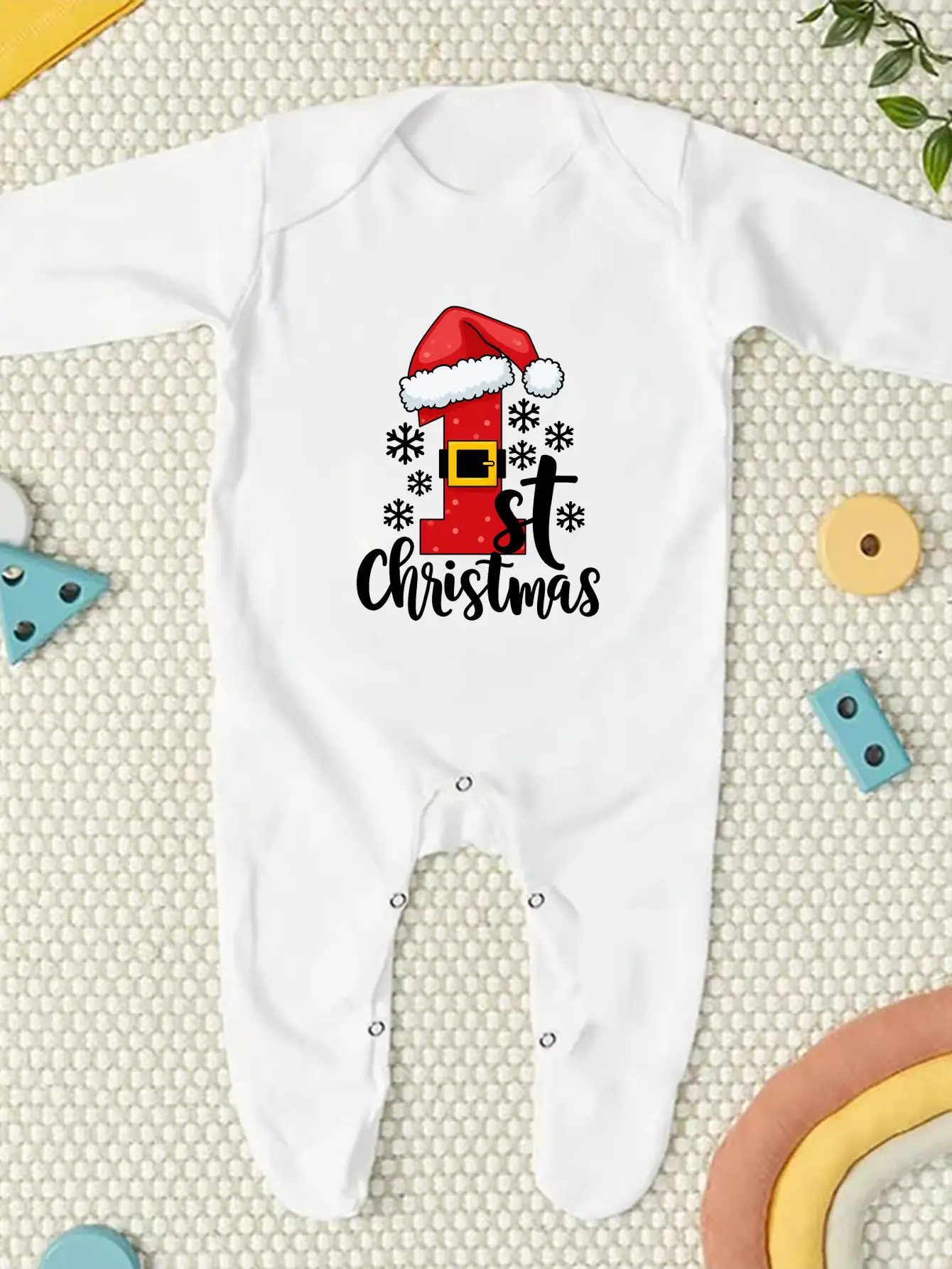 My First Christmas Baby Footed Romper Santa Hat Snowflake Print Long Sleeve Newborn Jumpsuit Infant Christmas Outfit Gift