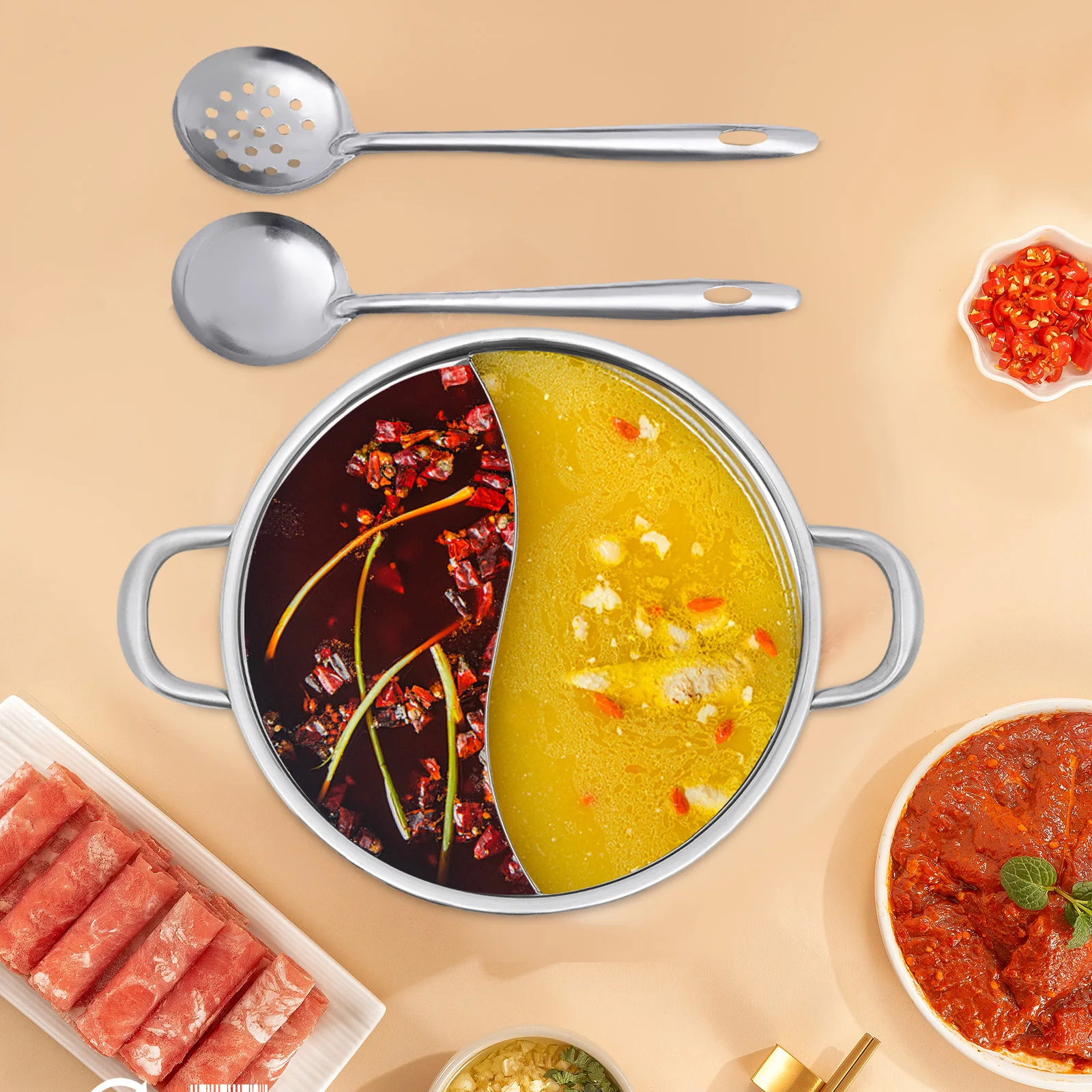 Hot Pot Cooker, 304 roestvrijstalen Hotpot Cooker met scheidingswand en deksel voor inductiekookplaat gasfornuis