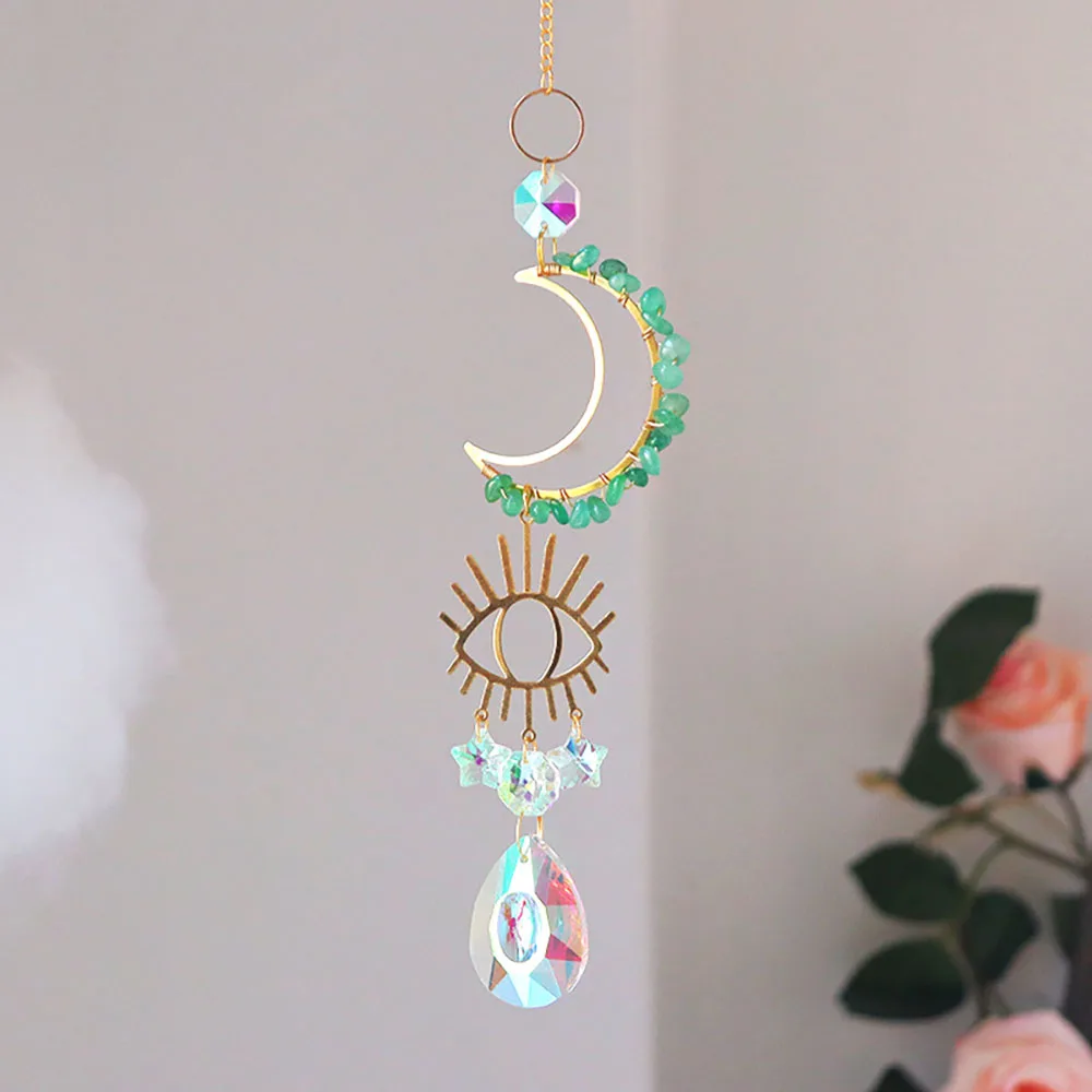 Custom Green Aventurine Chip Stone Sun Catcher - Celestial Moon & Evil Eye Pendant Hanging Ornament for Window Decor