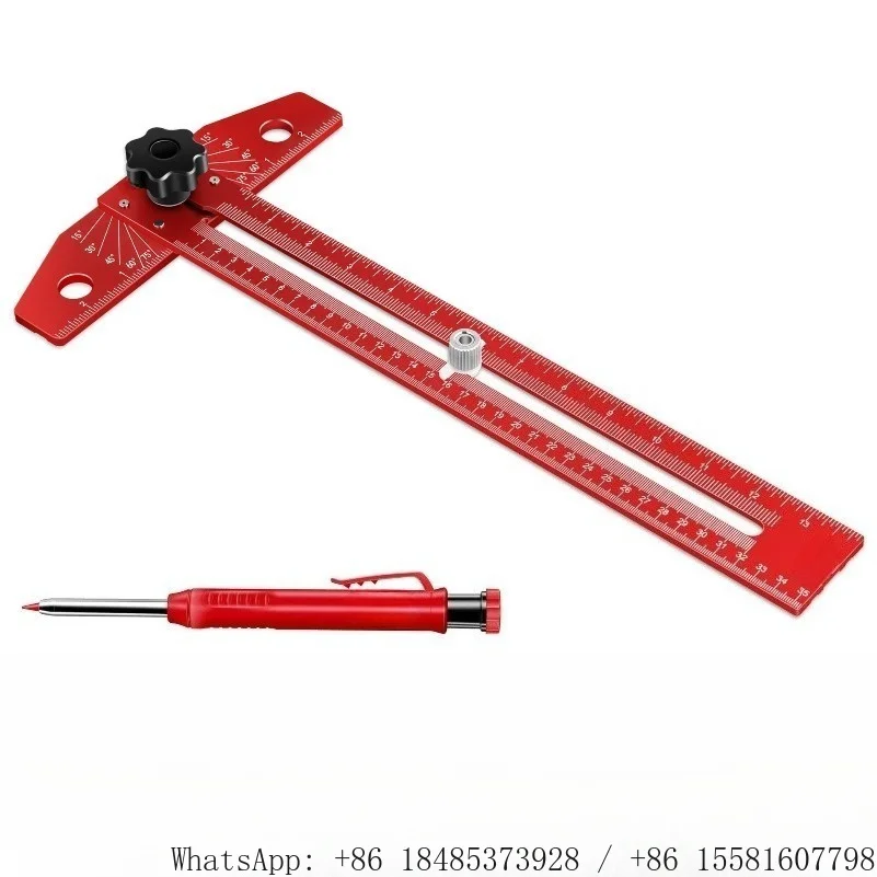 Multi functional woodworking marking ruler with adjustable aluminum alloy sliding T-shaped ruler