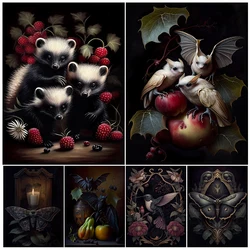 Fruit Bats,Hummingbird,Moth,Baby Skunks Vintage Wall Art Canvas Painting Gothic Antique Fantasy Animal Art Poster Print Decor