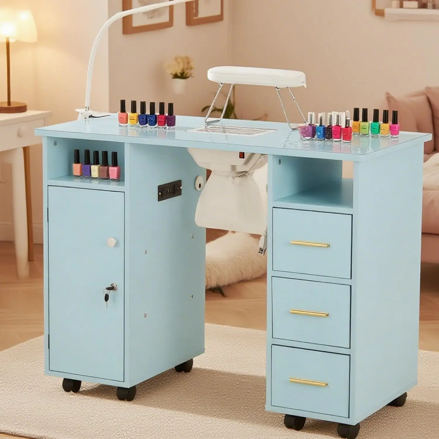 

Manicure Table Nail Desk for Nail Tech with Dust Collector, Charging Station, LED Lamp, Professional Rolling Nail, Customized