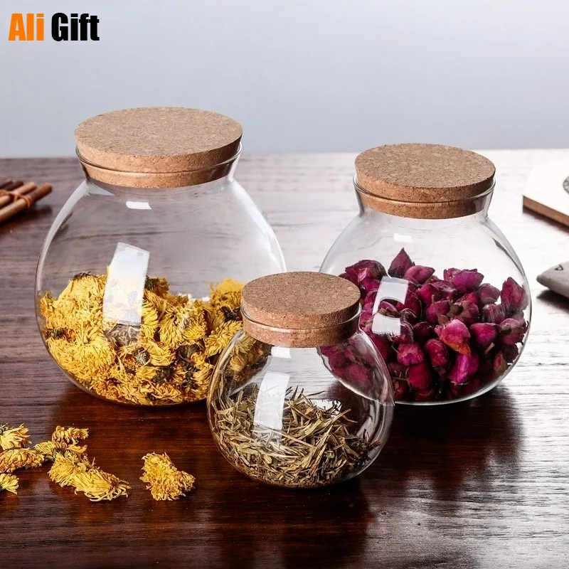 500/1000/1800 ML Micro paisaje botella de vidrio florero boca bola musgo DIY botellas decoración del hogar tapa de madera jarrones carrito de té