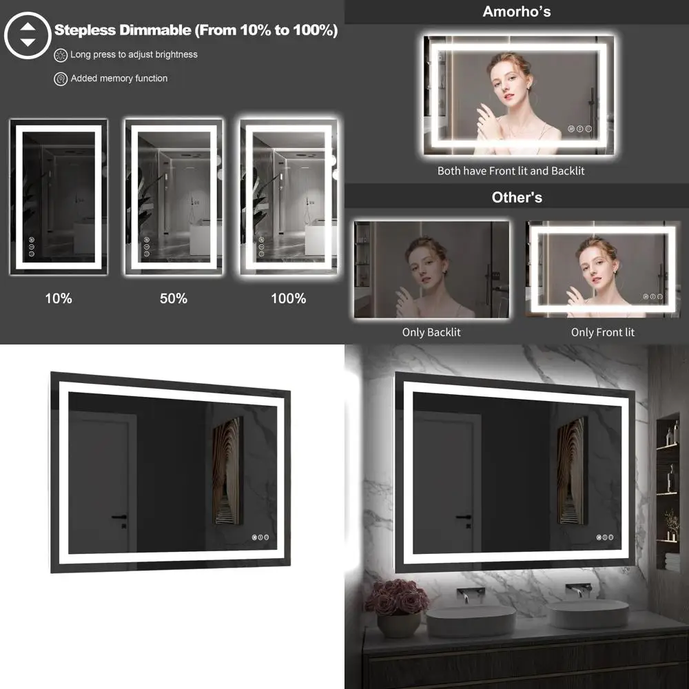 

Светодиодное косметическое зеркало 40x30 с передним и задним освещением, противотуманное, небьющееся, с регулируемой яркостью, 3 варианта цвета, горизонтальное/вертикальное Mo