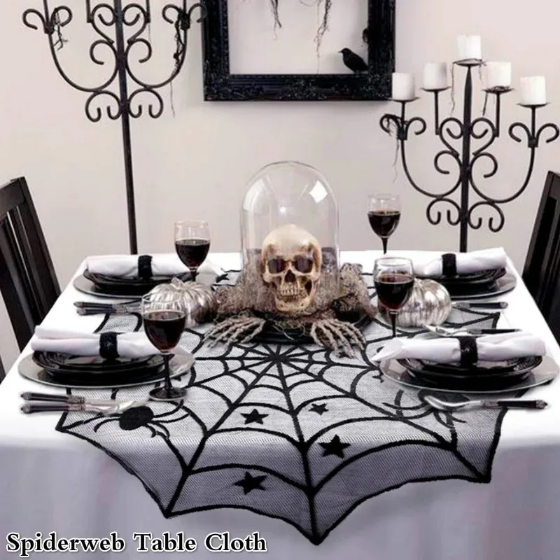 Halloween Black Lace Spider Web Tablecloth Horror Table Cover Window Hanging Decor Haunted House Party Decoration Supplies Prop