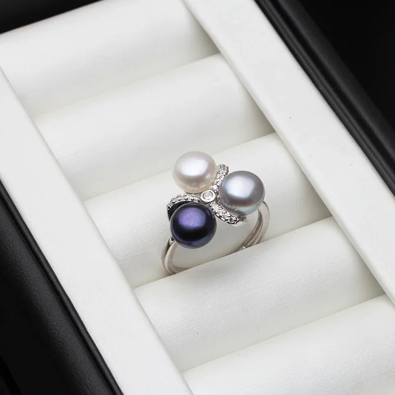 

Real 925 Sterling Silver Double Pearl Ring Ladies Woman,White Black Natural Freshwater Adjustable Pearl Ring Wife Mother Gifts