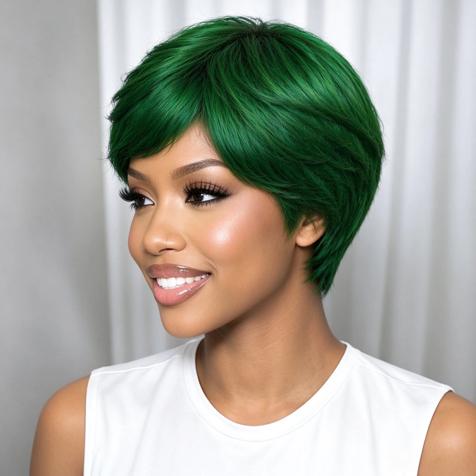 Blunt Bangs Short Pixie Cut Wigs, machine made. Vivid green, natural & lightweight. Easy to wear, great for daily, party and cos