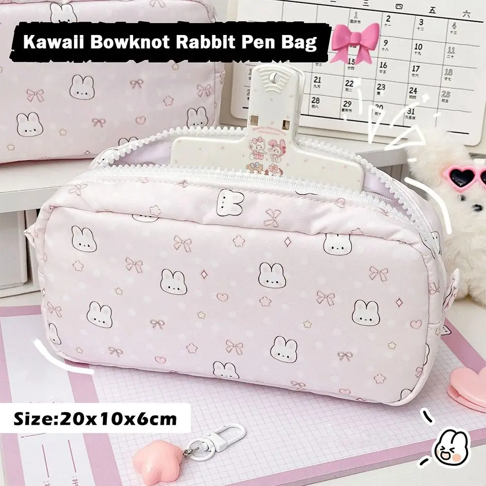 Large Capacity Bowknot Rabbit Pen Bag Soft Touch Multi-functional Stationery Storage Bag Pen Pouch School Supplies