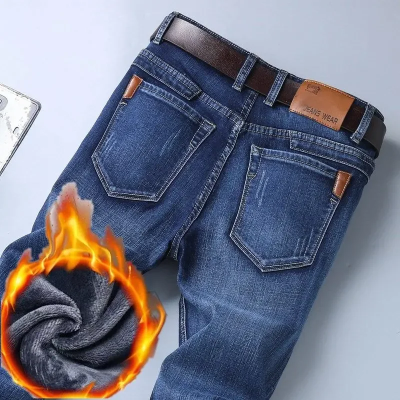 Fashion Casual Versatile Business Jeans Warm and Cold Resistant Black Blue Denim Pants 2026 Winter Men's Large Plush Thick Jeans