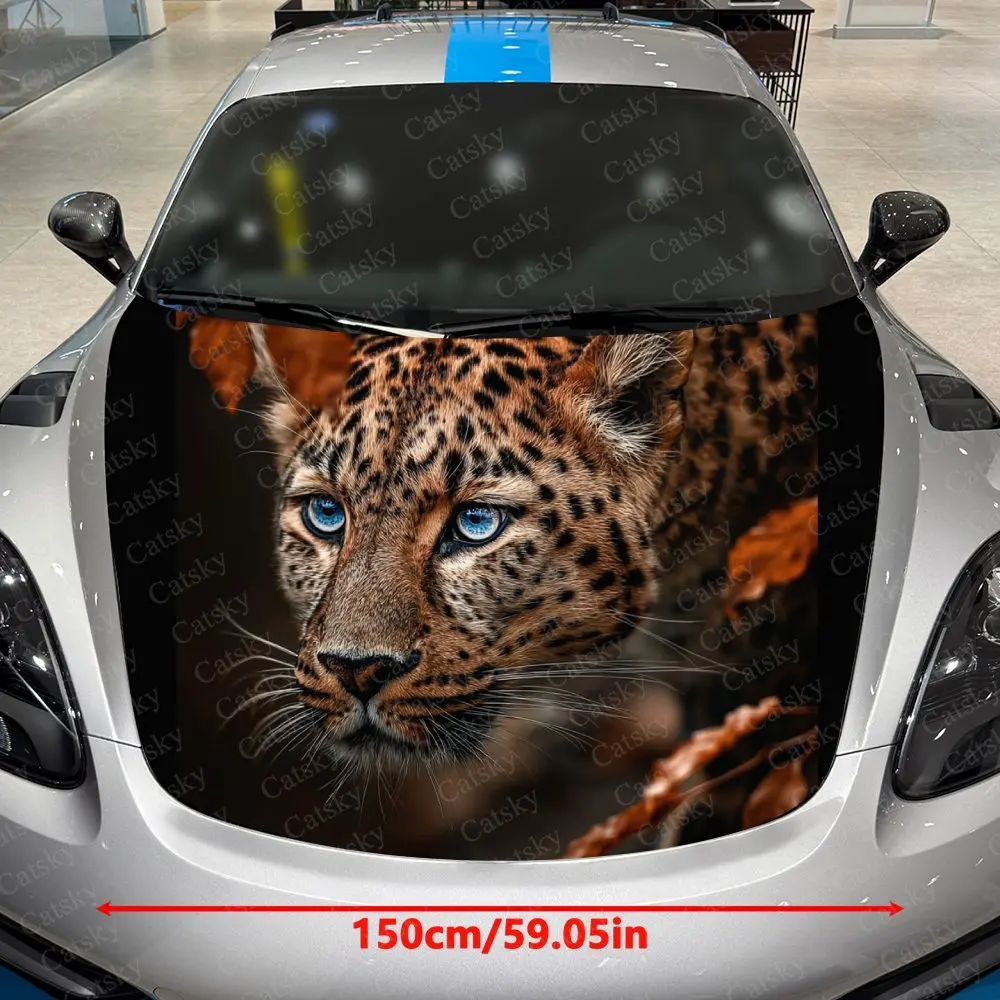 Blue Eyes Golden Spotted Cheetah Car Hood Decorative Stickers. It Enhances The Aesthetic Of The Vehicle And Can Be Easily Applie
