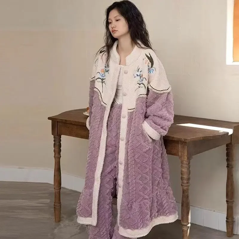 Embroidery Vintage Sleepwear Nightgown Sets Long Sleeve Pants Velvet Women Flannel Autumn Winter Warm Thick Luxury Brand Clothes