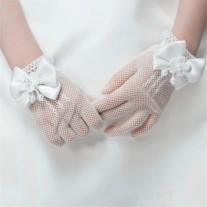 

1pair Kids Lace Mesh Bow Gloves Flower Fishnet Gloves Birthday Party Ceremony Coronation Princess Wedding Flower Girl Gloves