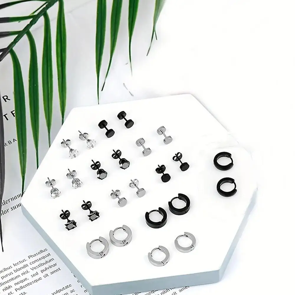 1/12Pairs Black Earrings Stud for Men Woman Stainless Steel Round Elegant Hoop Earrings Set for Multiple Cool Piercing Jewelry
