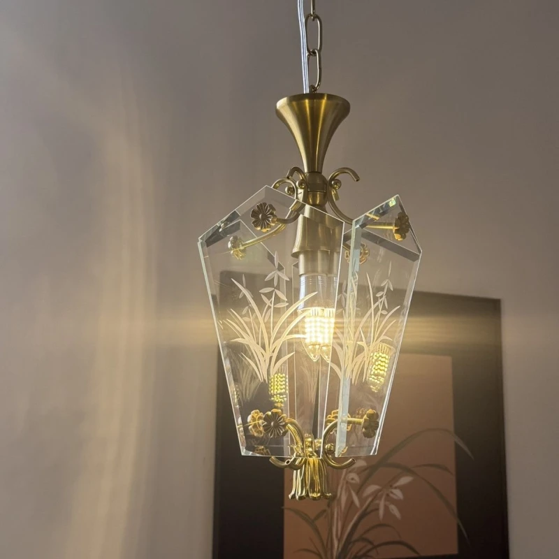 النمط الفرنسي العتيقة النحاس مطلي الزجاج منحوتة مصقول حافة قلادة ضوء للمطعم والإقامة المنزلية الألواح الأمامية الثريا #1