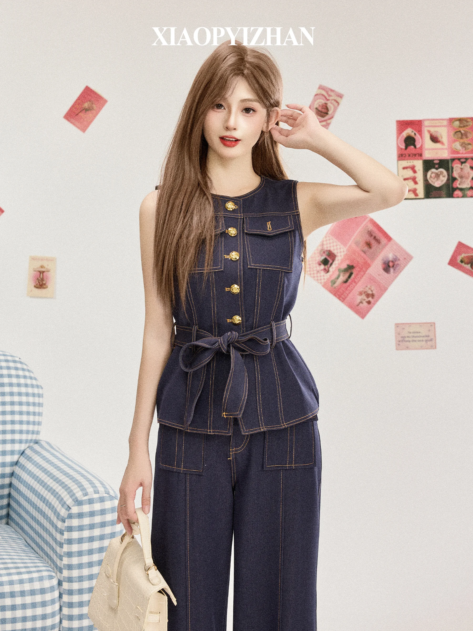 Ele Denim Set المرأة أوائل الخريف الخصر مقصوص Svel سترة مستقيمة الساق السراويل قطعتين دعوى عالية الخصر السراويل بعقب... #2