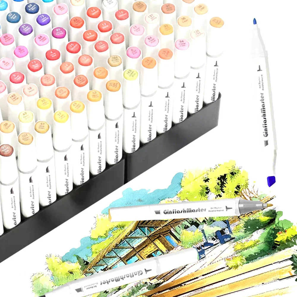 Ginflash Fine and Chisel tip colors matching Art Markers Dual Tips Pen Sketch Alcohol Based Markers Manga Drawing Art Supplies