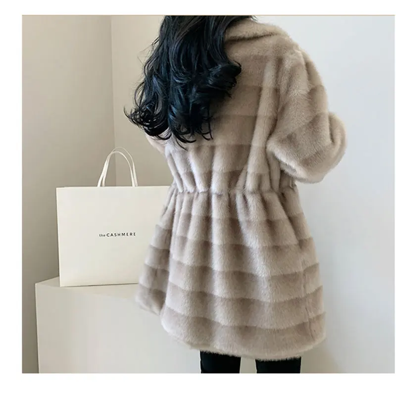 Long Jacket Women Winter 2024 Femme Veste Faux Fur Coat Gradient Mink Turn-down Collar Stripe Clothes Warm Soft Furry Overcoat