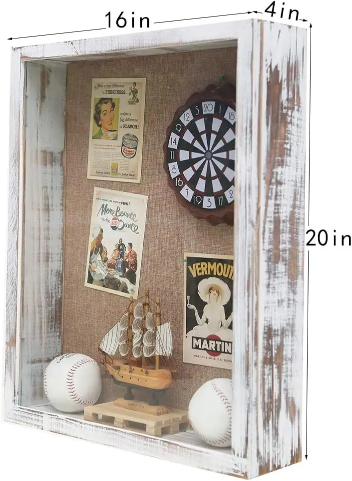 16x20 Extra Large 4-Inch Deep Wood Shadow Box Frame, Distressed White | Solid Wood; 16x20-Inch Extra Large Display; 4-Inch Exter