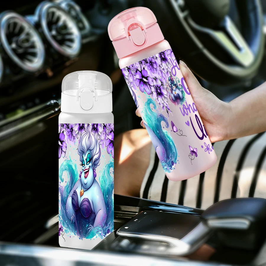 Botella de agua de plástico con patrón de flores moradas de Disney Ursula, taza de agua para deportes al aire libre, regalo de cumpleaños/regreso a casa, 26oz, 1 ud.