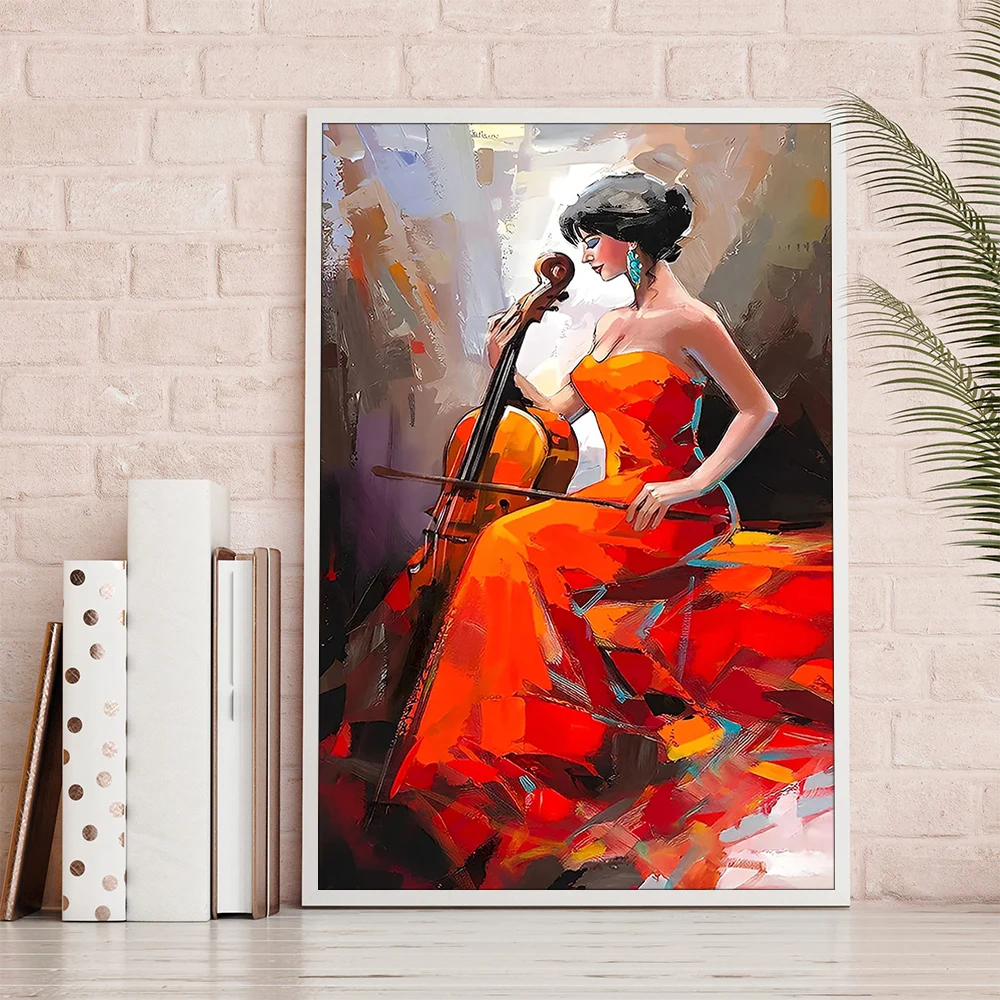 The woman Playing the Cello Canvas Painting Print Wall Art Home Decor Items Illustration Poster
