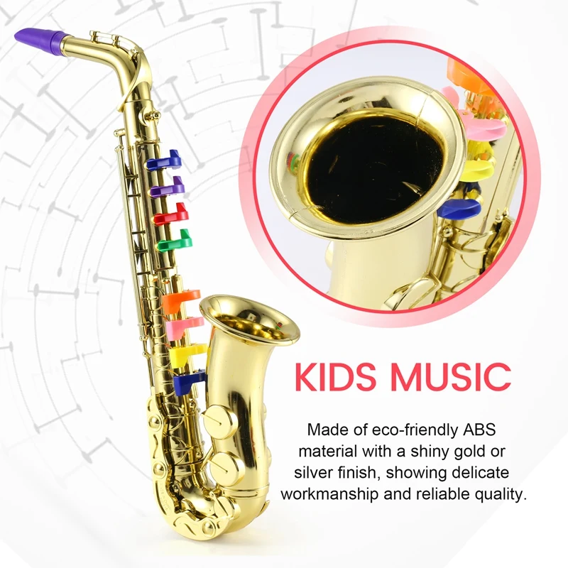 Saxophone Simulation Toy Props for Children, 8 teclas coloridas, mini musicais, instrumentos de sopro, festa de aniversário