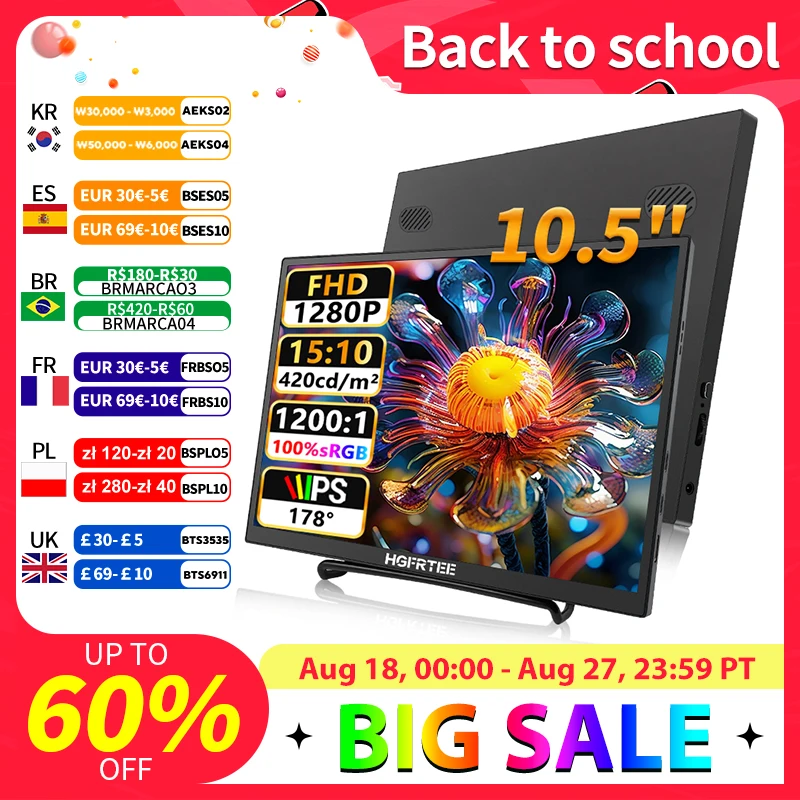 

HGFRTEE 100%sRGB 10,5-дюймовый портативный монитор 1280P 420Cd/m 2-секундный экран для ноутбука Mac Xbox PS4/5 Switch PC Extension Display