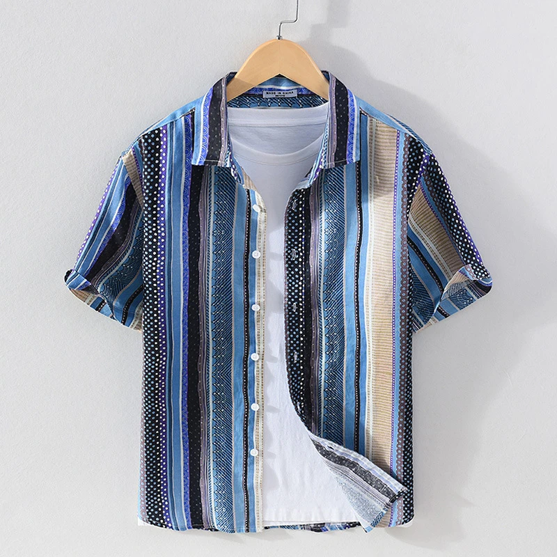 Personalized Stripe Printed 100% Linen Men\'s Short Sleeve Shirt New Summer High Street Casual Top Fashion Thin Breathable Blouse