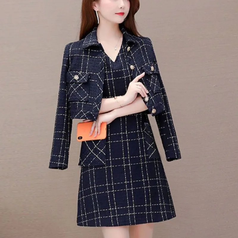 Women\'s Autumn Winter Fashion Elegant Polo Collar Button Panel Pocket Style Versatile Long Sleeve Slim Fit Two Piece Dress Set