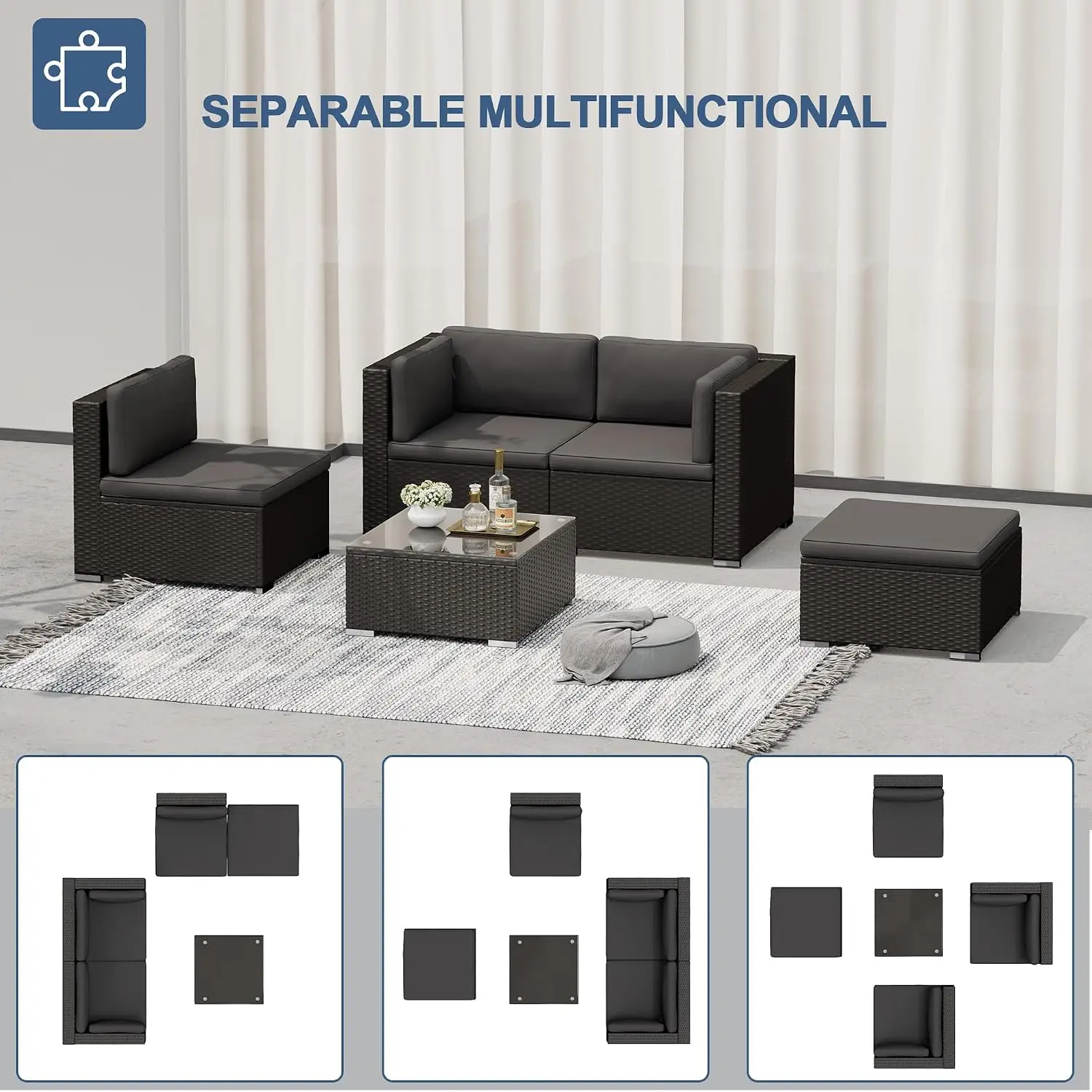 5-Piece Outdoor Patio Rattan Wicker Sectional Sofa Set With Glass Table & Grey Cushions, Customized
