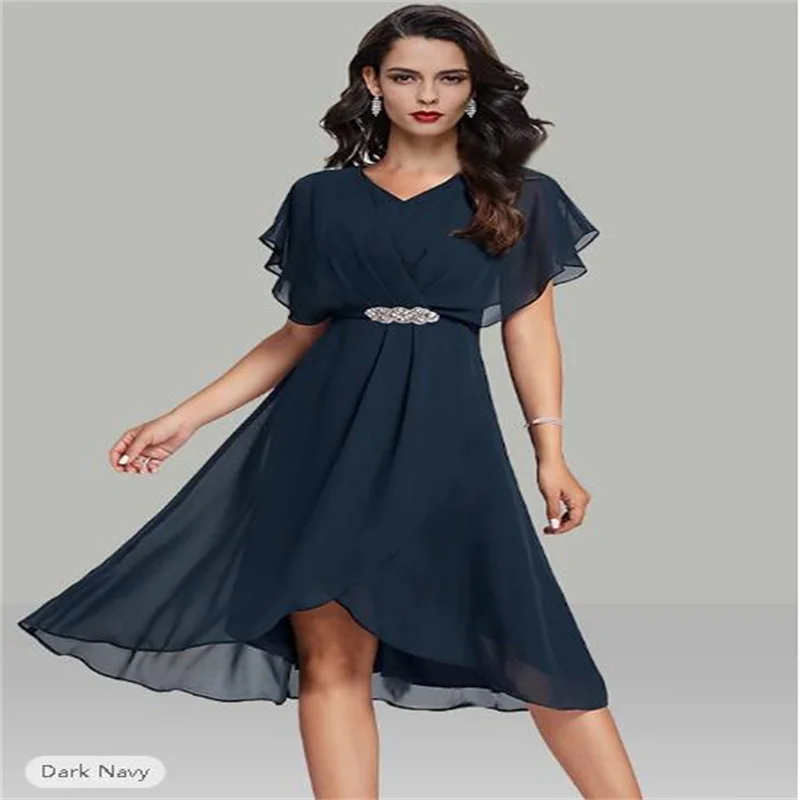 

A-Line Wedding Guest Dresses Elegant Dress Semi Formal Tea Length Short Sleeve V Neck Belt / Sash Chiffon with Beading 2024