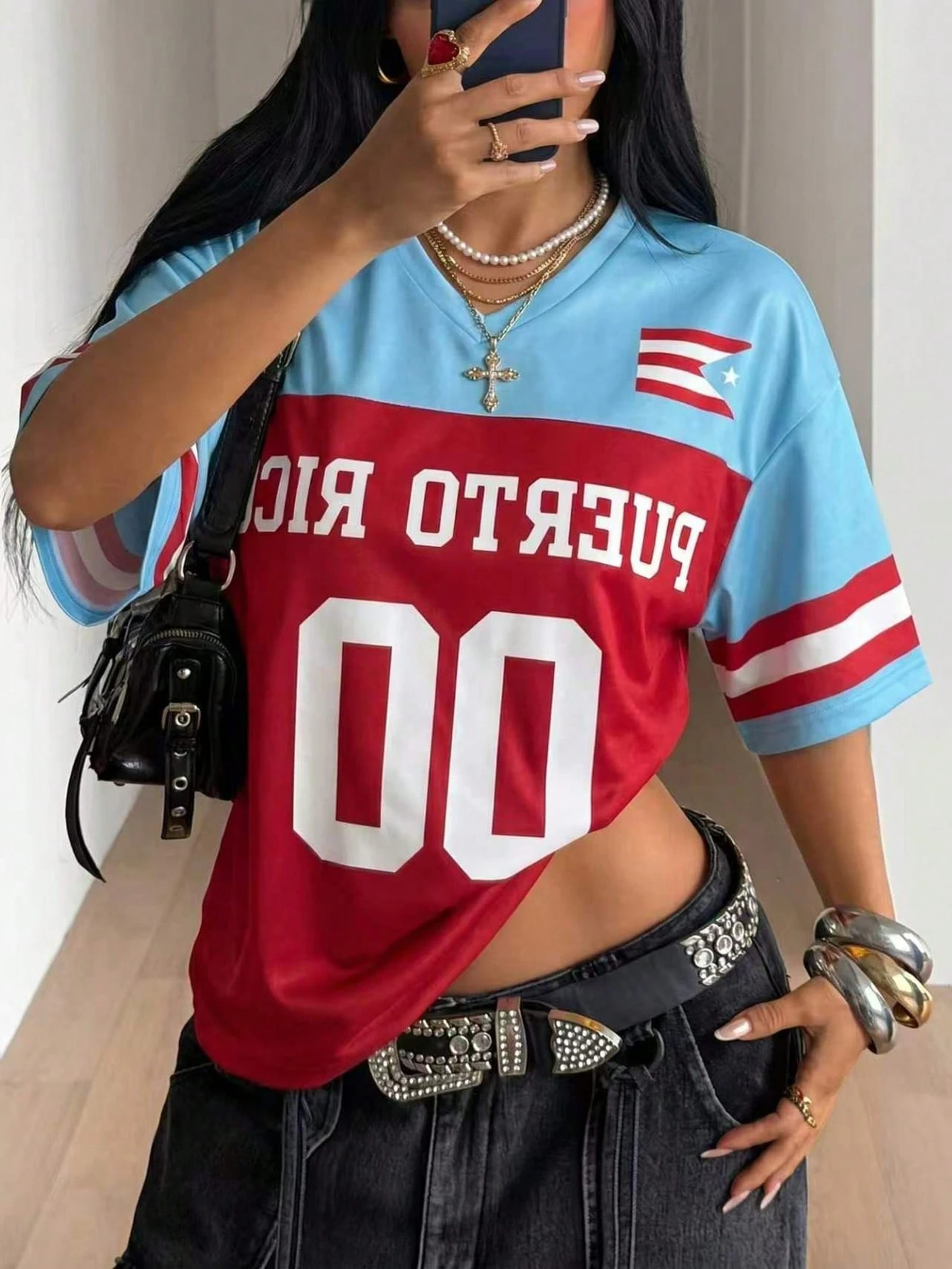 Red and Blue Retro Puerto Rico Style 23 Sports Jersey T Shirt Summer Short Sleeve Loose Fit Sporty Stylish Y2K Women Tops Tee