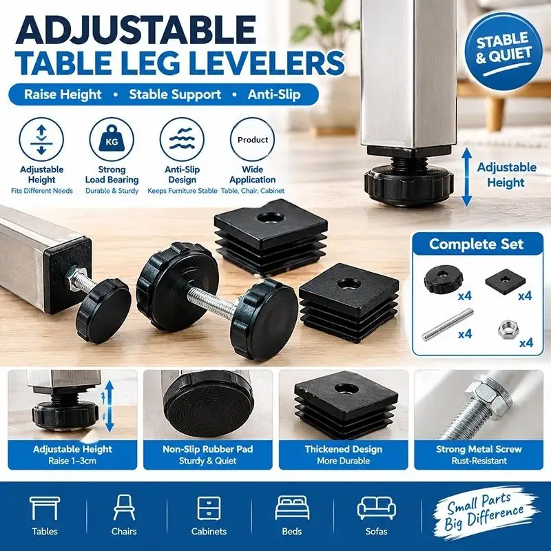 1Set Square Adjustable Foot Mat With M8 Nut Pipe Plug Black Rectangle Tube Furniture Leveling Feet Levelers For Table Chair Legs