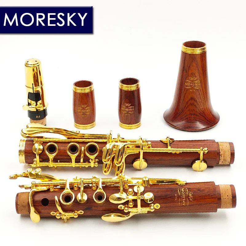 

MORESKY Red Wood Professional Clarinet Rosewood Bb Gold-plated 17/18 Keys Solid Wood Mopane Sib Klarnet M15(OEM)
