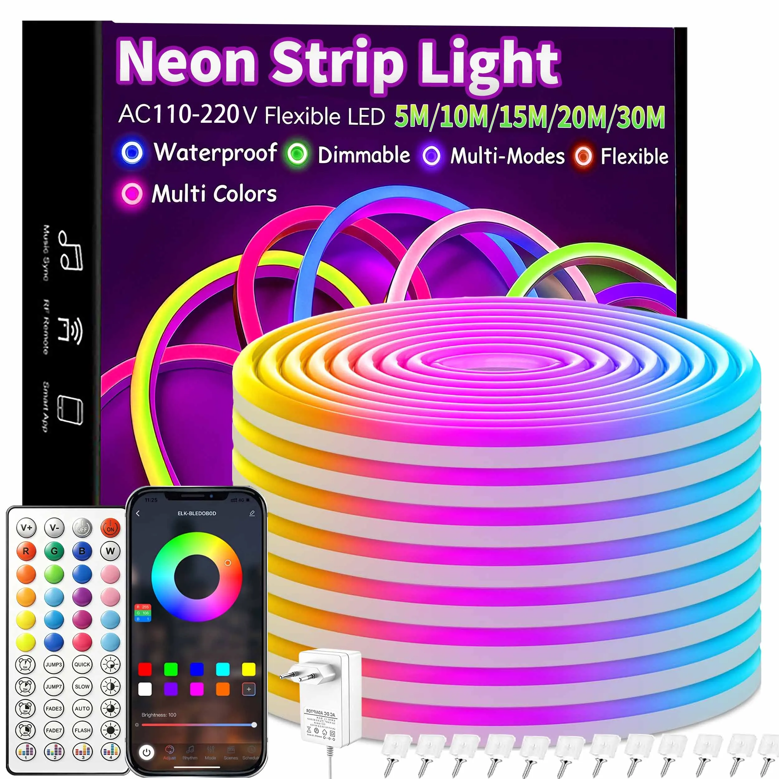 LED Neon-Lichtstreifen Bluetooth App-Steuerung 44-Tasten Musik-Synchronisation 24V 10m/15m/20m Optional Wasserdichter Flexibler Silikon RGB-Lichtstreifen