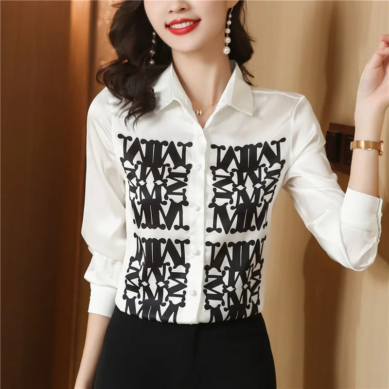 Women Chic Letter Printed Vintage Fashion Shirts Long Sleeve Loose Office Lady Temperament Commuting Blouse Spring All-match Top