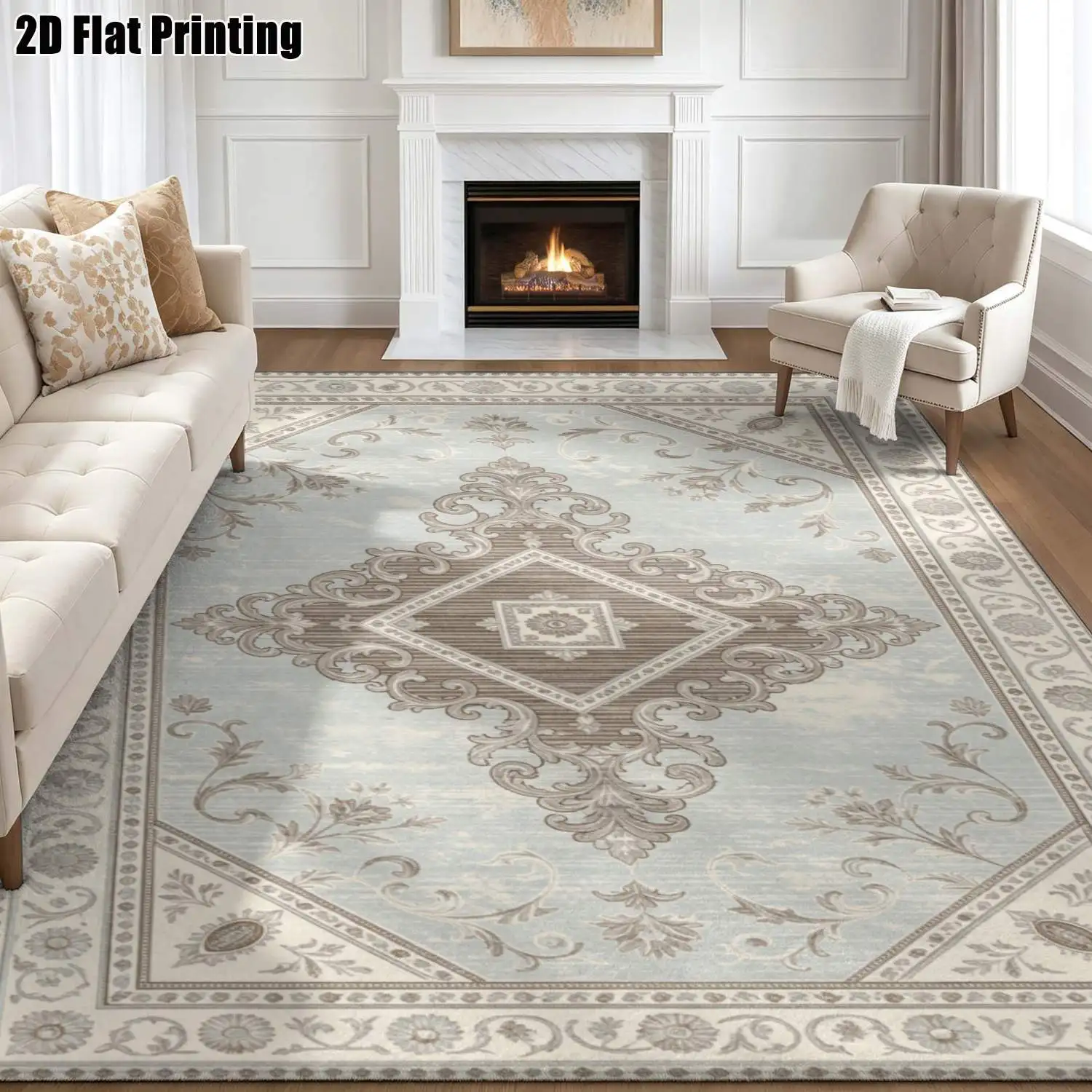 1Pc 2D Printed Carpet: Blue-Grey Retro Floral Pattern European-Style Retro, Geometric Floor Mat, Home Decor, Multi-Size, Machine Washable, Suitable for Entryway, Living Room, Bedroom, Dining Room, Study.