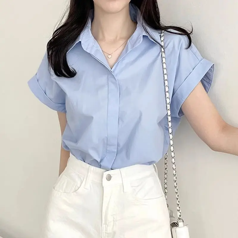 Korean Style Casual Simple Fashionable Versatile Short Sleeved Shirt 2024 Summer New Elegant Solid Color Office Lady Women\'s Top