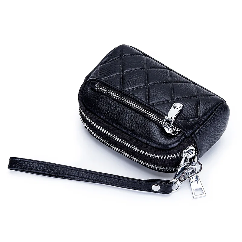 Women Coin Purse Cowhide Large Capacity Three Zipper Multifunction Money Lipstick Pocket Clutch Coin Bag Removable Wrist Strap