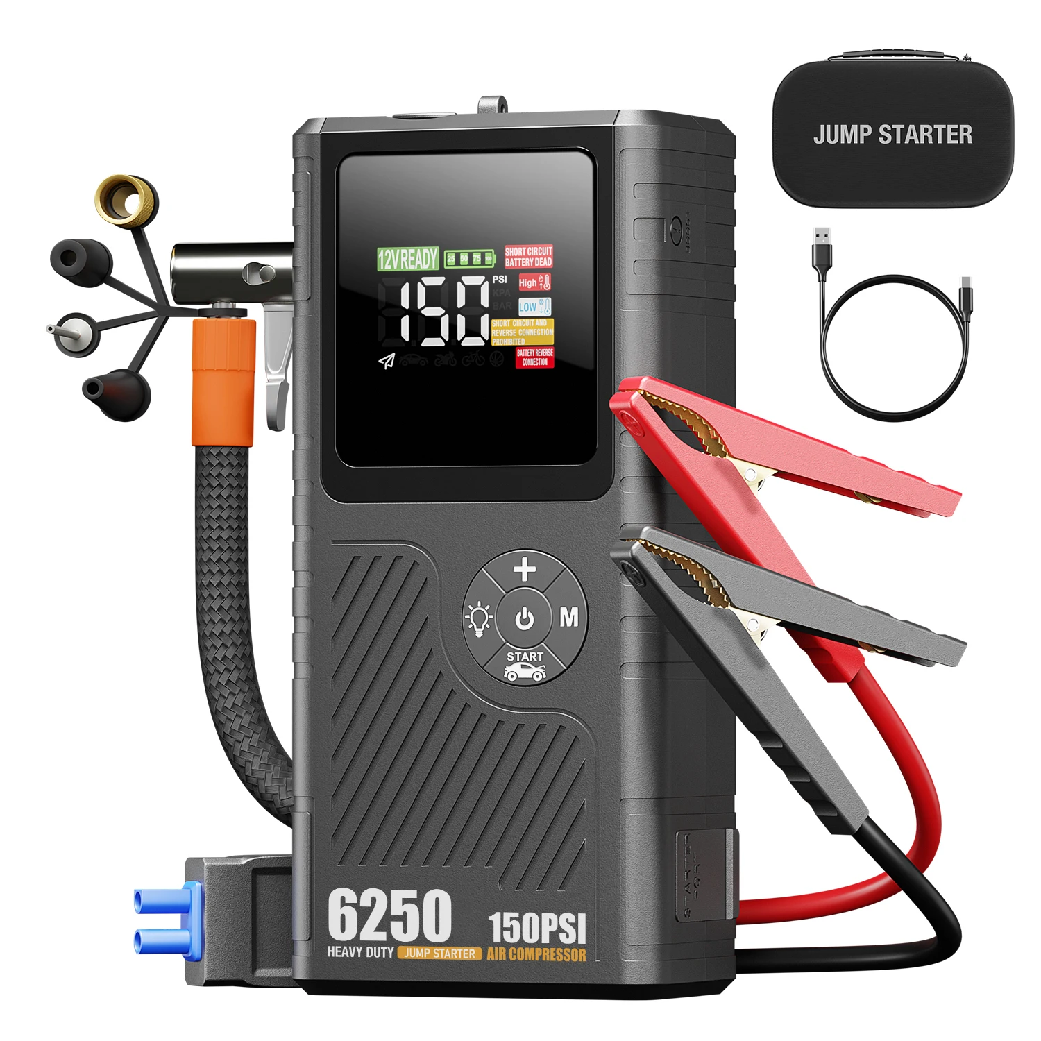 

12V 12000mAh 2700A 150PSI PRO MAX Portable Car Battery Booster Jump Starter Tire Inflator Power Bank Air Compressor EVA Pack