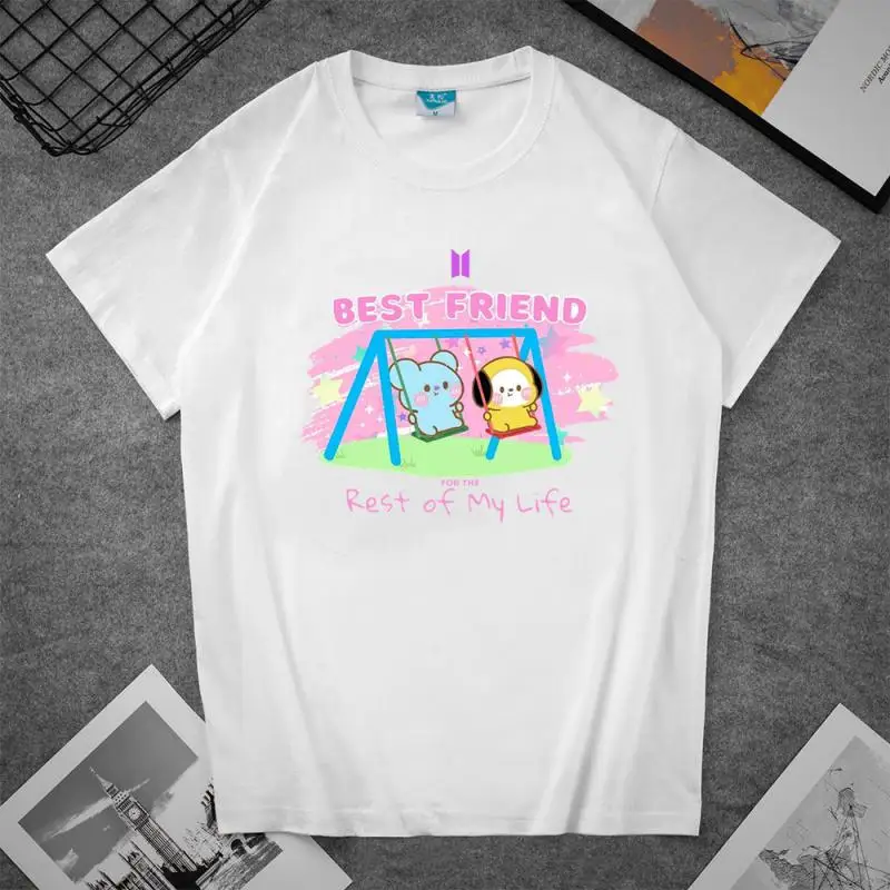 Cute Bt21 Cartoon Doll Printing Short Sleeve Summer Casual Simple T-Shirt Classic Black and White Round Neck Top Holiday Gift