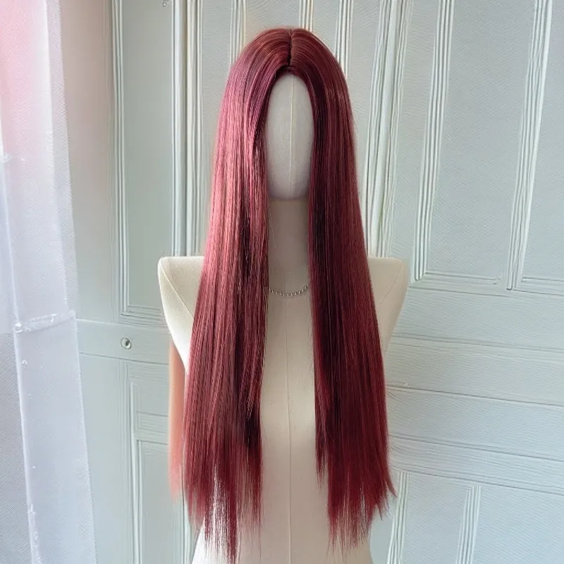 التوت الأحمر متوسط واقعية طويل مستقيم الشعر رقيق الطبيعية الفرنسية نمط المرأة مجموعة شعر مستعار كامل اشراق شعر مستعار مجموعة رقيقة طويلة