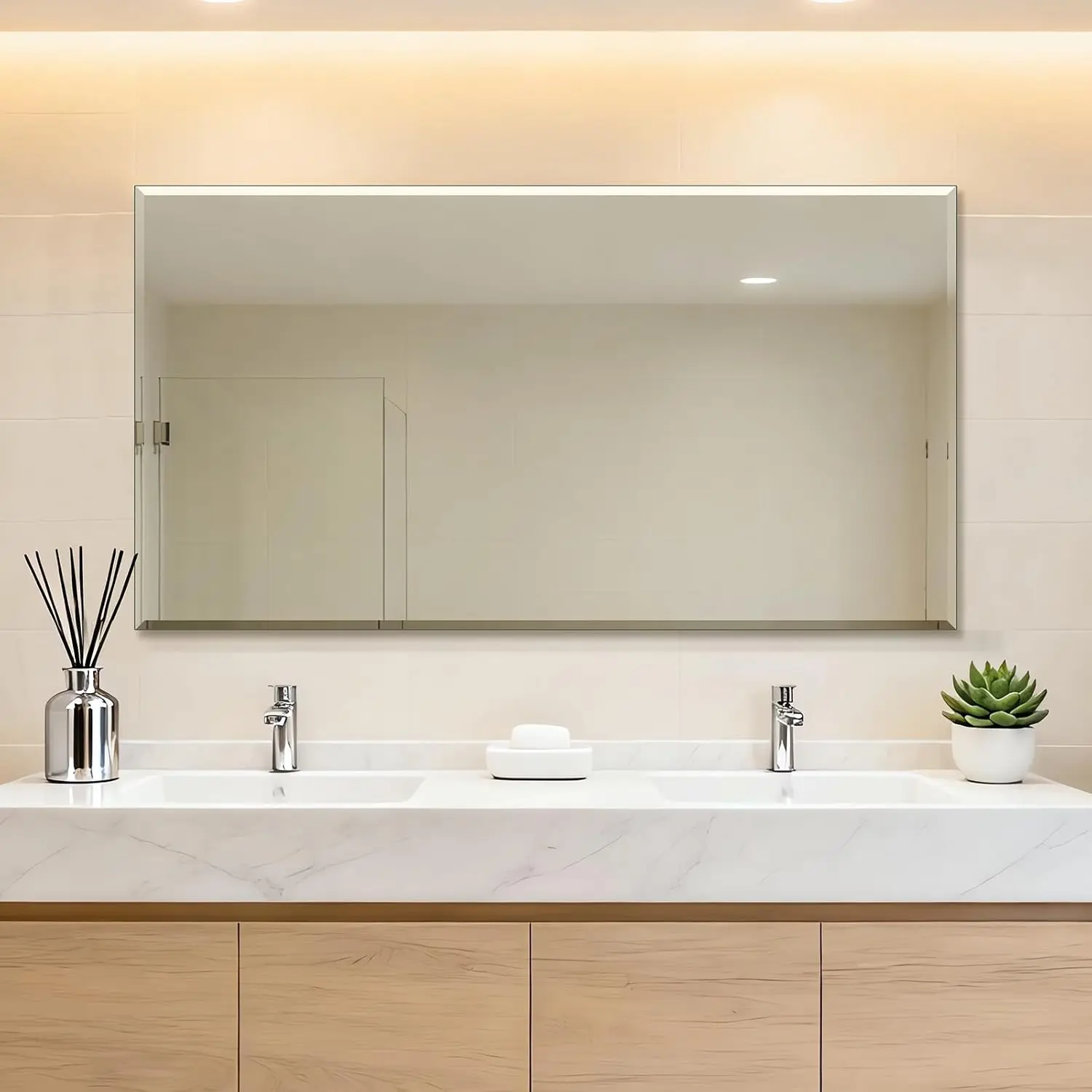 Frameless Wall Mirror 55 X 30 Inch Bathroom Sink Beveled Edge Large Rectangular Farmhouse Tempered Glass Hang Horizontally Verti