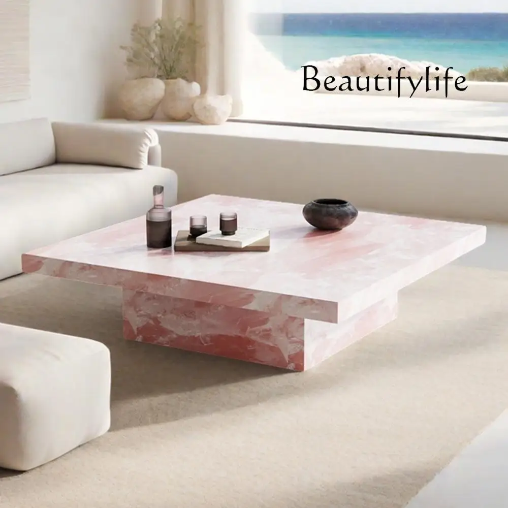 

X "Pink Jade Marble Coffee Table - Luxury Stone Square Tea Table, Designer Living Room Centerpiece For Modern Home"