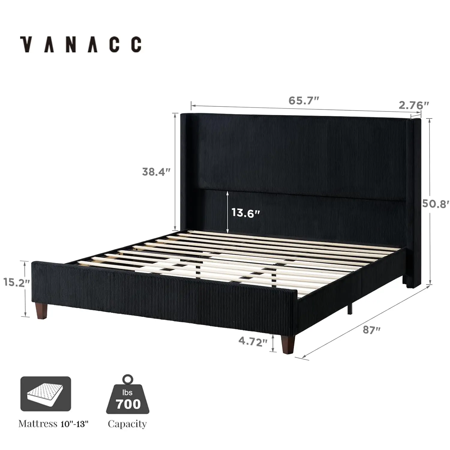 VanAcc Queen Corduroy Platform Bed Frame with Wingback Design, Customized