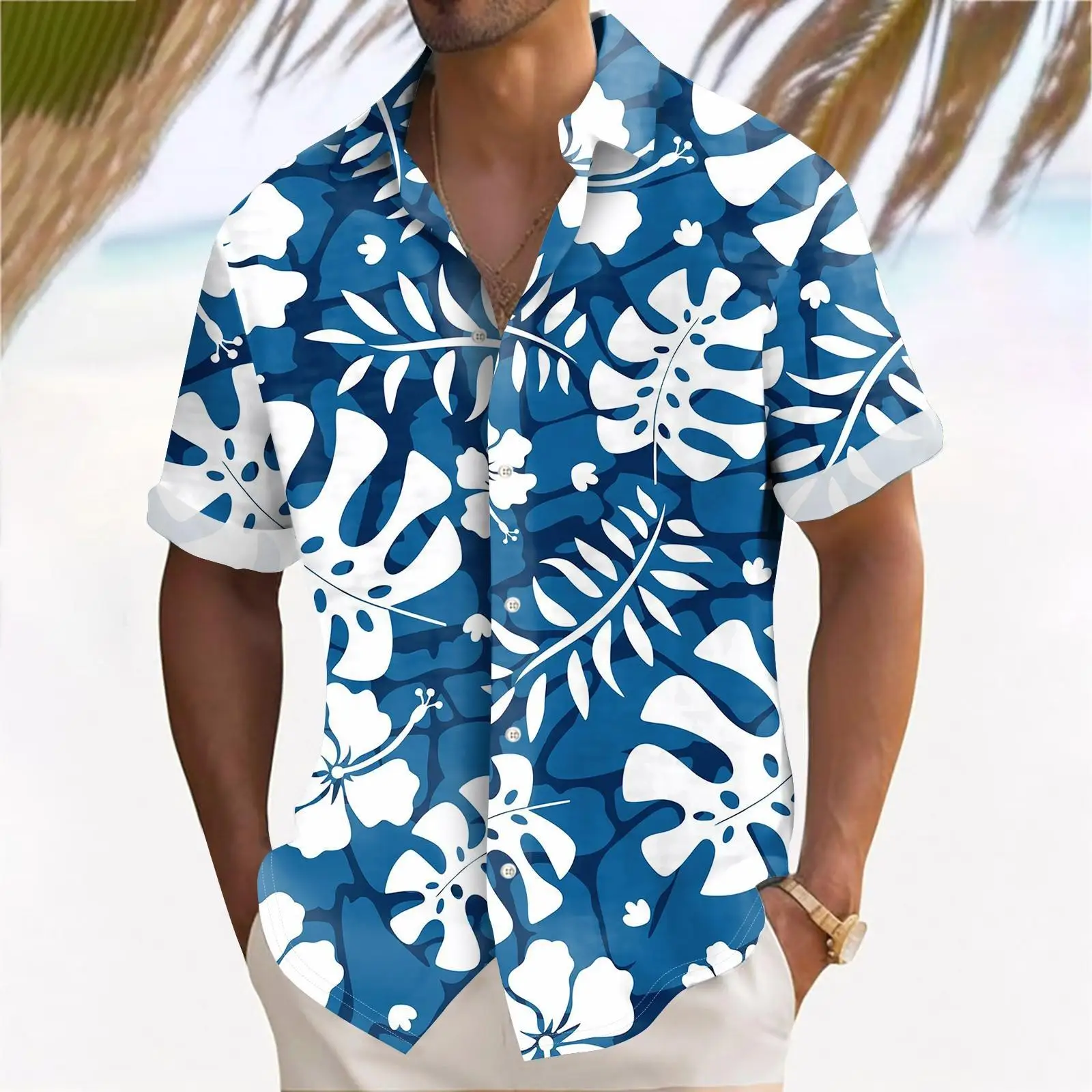 Camisa masculina de manga curta estampada com flores de praia, camisas havaianas casuais, roupas largas, verão, nova, 2024