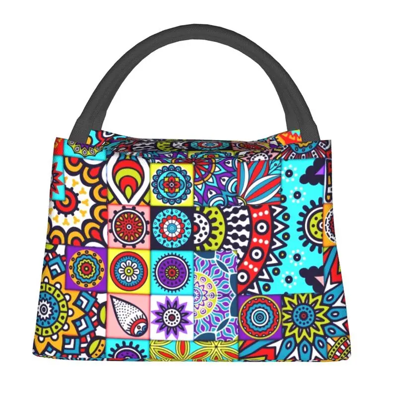 African Ethnic Geometric Floral Design Insulated Lunch Bag Women Ankara Patterns Lunch Tote for Outdoor Camping Meal Food Box