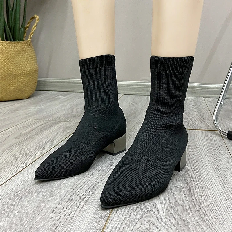 Women\'s Dress Shoes Sexy Pointed Mid Heel Short Women\'s Nude Boots Spring 2023 Knitted Sock Boots Botas De Mujer Black Boots