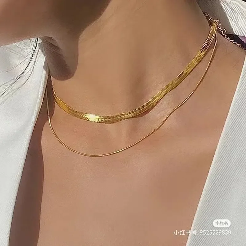Cross-border collarbone chain simple and fashionable 18K real gold snake bone flat chain Qingdao foreign trade jewelry